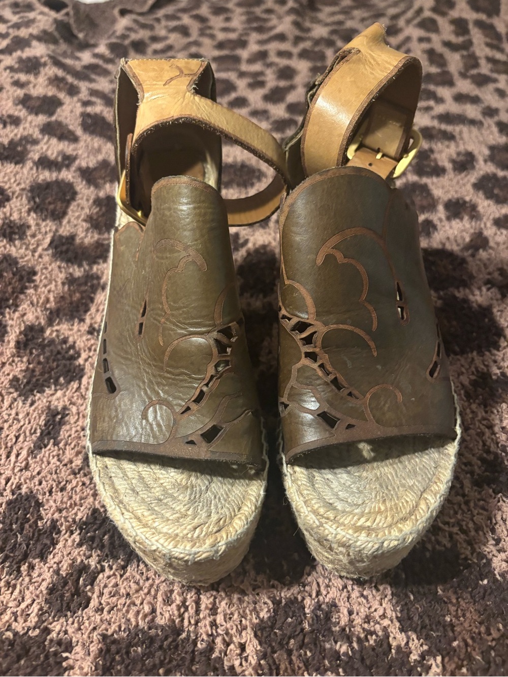 Chloe Brown Leather Cutout Espadrille Wedge Sandals with Tan Ankle Strap